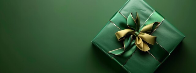 Banner with green gift box with ribbon and bow for man and boy isolated on green background.Holiday gift with Birthday or Christmas present,flat lay,top view,father's day copy space.Generated by AI