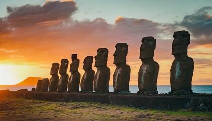 enigmatic moai statues stand against the backdrop of a colorful polynesian sunset adding to the islands mystique - obrazy, fototapety, plakaty