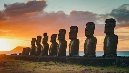 Foto op Plexiglas enigmatic moai statues stand against the backdrop of a colorful polynesian sunset adding to the islands mystique © Kendrick