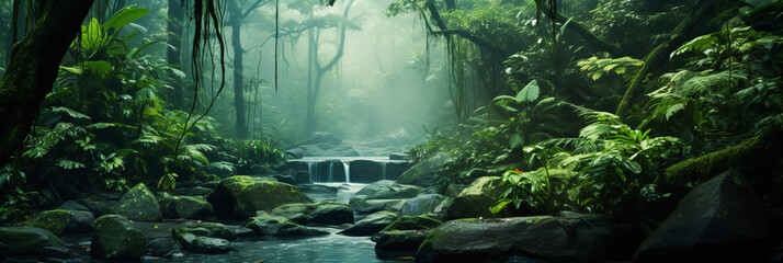 Rainforest Beauty. River Flow in the Green Wilderness - obrazy, fototapety, plakaty