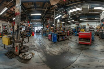 A view inside a busy mechanics workshop filled with various equipment and tools as a mechanic works with a customer