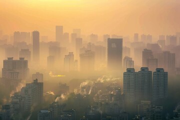 A panoramic view of a cityscape shrouded in thick fog, creating an atmospheric scene