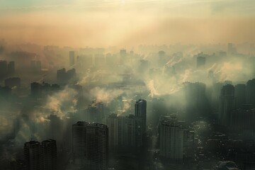 Fototapeta na wymiar Aerial perspective of a smog-covered cityscape obscured by thick fog, creating a hazy and atmospheric scene