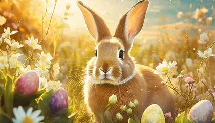 Foto op Aluminium cute illustration with easter bunny realistic drawing of a rabbit in pastel colors hare with spring flowers symbol of easter created with technology © Kendrick