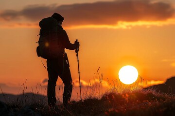 A man with a backpack and ski poles is silhouetted against a sunrise, ready for a skiing adventure