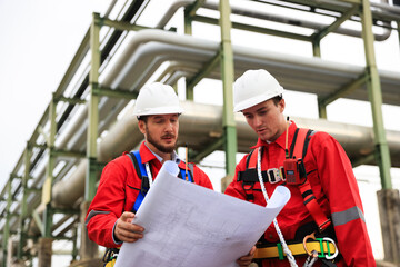 Two mechanical  engineers wearing full safety harnesses are collaborating while reviewing...