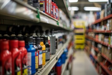 Store shelf with a diverse range of products including automotive items, electronics, household goods, and more