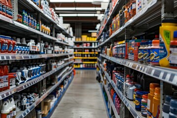 A grocery store aisle filled with a wide variety of products neatly arranged on shelves, including food items, beverages, household essentials, and personal care products