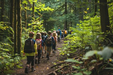 A diverse group of individuals, including children, exploring a forest trail together