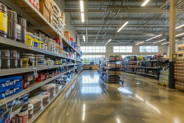 A commercial photo showing a well-organized auto parts store with lots of shelves filled with items, bathed in natural light - obrazy, fototapety, plakaty