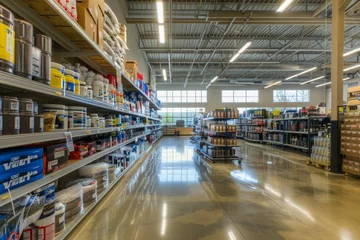 Foto op Plexiglas A commercial photo showing a well-organized auto parts store with lots of shelves filled with items, bathed in natural light © Ilia Nesolenyi