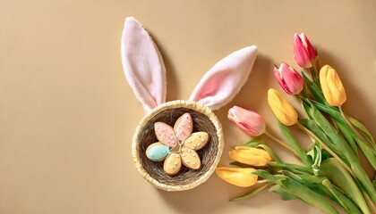 Fototapeta na wymiar easter decor idea top view composition of easter bunny ears colorful eggs yellow pink tulips and butterfly cookie on isolated beige background with copyspace