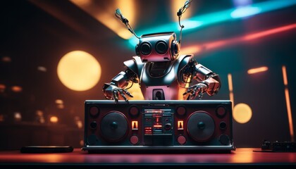 A shiny robot with headphones plays music on a stereo system, casting a vibrant ambiance in a club setting with colorful lights.