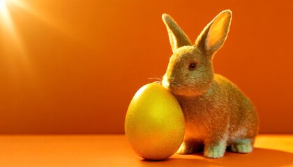 Fototapeta na wymiar bunny embracing yellow easter egg on orange background