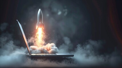 Space rocket shuttle with a cloud of smoke and blast lift off from a laptop on a working office desk with bokeh. Creative idea and startup. Successful business project. Rocket take off from display. - obrazy, fototapety, plakaty