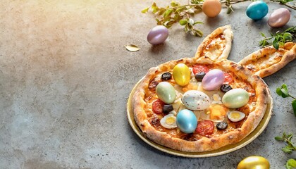 Obraz na płótnie Canvas festive easter pizza in the form of a rabbit with eggs multi colored easter eggs on a stone background with copy space for your text