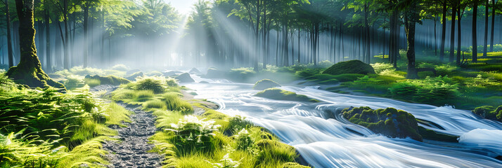 Tranquil River in Lush Forest, Waterfall and Rocks, Natural Beauty, Serenity and Wilderness