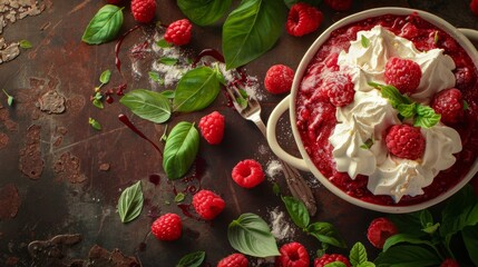  a bowl of raspberry souffle with whipped cream and fresh raspberries scattered around the bowl.