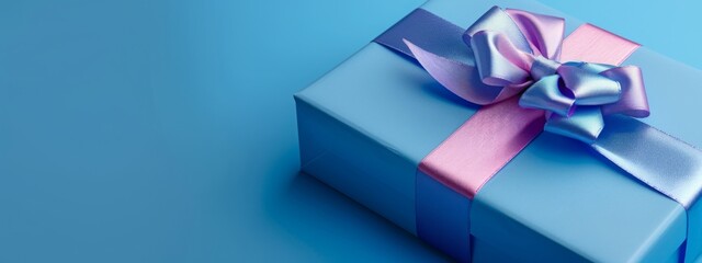 Blue gift box with ribbon and bow for man and boy isolated on blue background.Holiday gift with Birthday or Christmas present,flat lay,top view,father's day,copy space