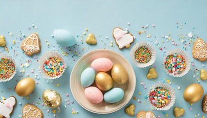 Fototapeta na wymiar easter cuisine concept top view photo of colorful easter eggs in plate paper baking molds cupcake shaped gingerbread and sprinkles on isolated pastel blue background with empty space