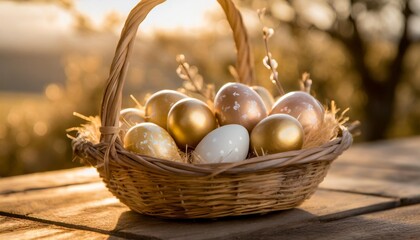Fototapeta na wymiar painted easter eggs in wicker basket