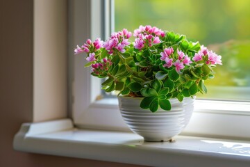 Crassula Flowerpot on Windowsill. A Green Plant Growing on Sill for Spring and Summer, Symbolising Money and Growth