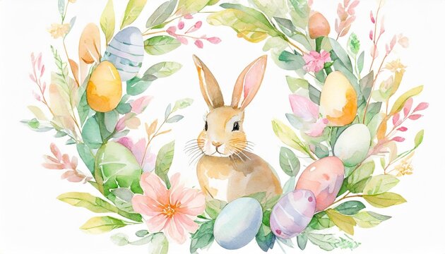 a watercolor painting of a bunny surrounded by flowers and eggs with a message about easter written in the center of picture surrounded by a wreath of leaves and eggs with a flower