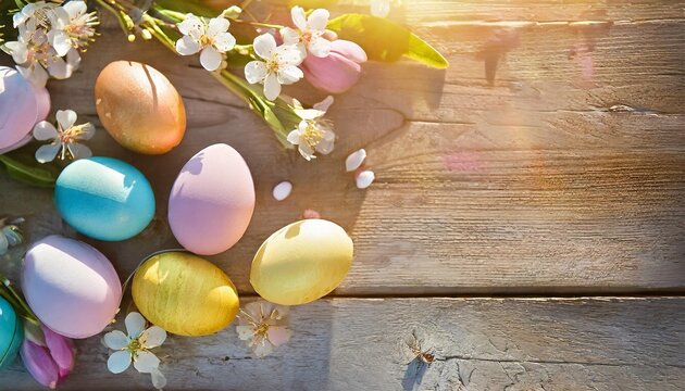 above top view of multi colored painted easter eggs on wooden background easter background with spring flowers and eggs celebrating easter holidays