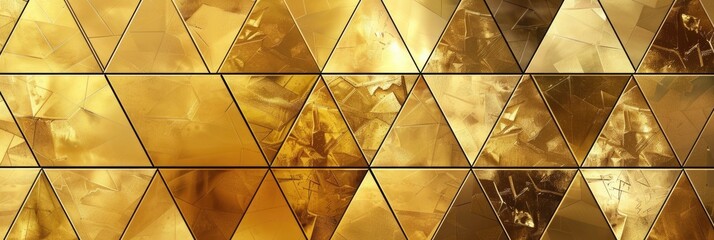 Gold Mosaic Triangle Tile Texture. Abstract Background with Metallic Gold Geometric Fluted Triangles