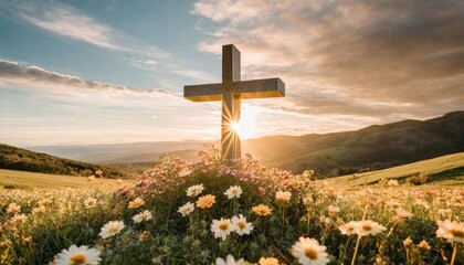 easter cross made up of flowers with john bible passage - obrazy, fototapety, plakaty