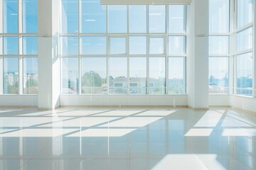 Fototapeta premium Spacious Office with Big Window: Bright and Airy Work Space with Natural Light, White Walls, and Clean Interior Flooring
