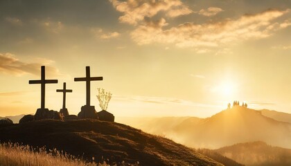 christian easter scene he is risen mount calvary and three silhouettes of crosses at sunrise banner for easter - obrazy, fototapety, plakaty