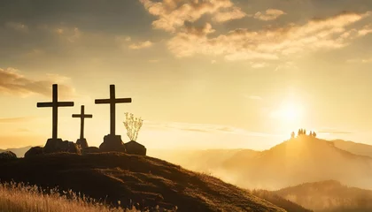 Fotobehang christian easter scene he is risen mount calvary and three silhouettes of crosses at sunrise banner for easter © Kendrick