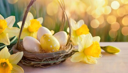 Obraz na płótnie Canvas easter holiday celebration banner greeting card banner white yellow easter eggs in a bird nest basket and yellow daffodils flowers