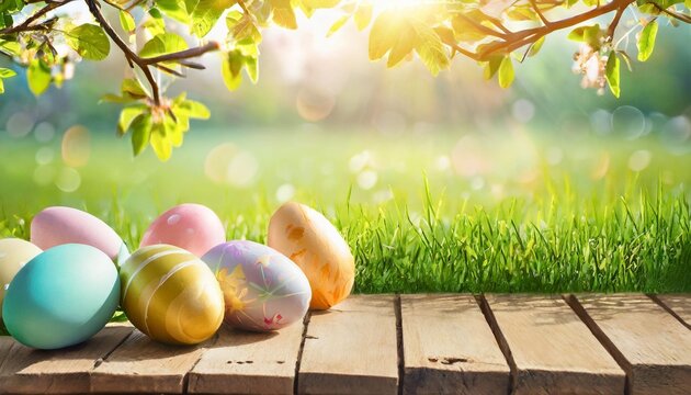 painted easter eggs celebrating a happy easter on a spring day with a green grass meadow bright sunlight tree leaves and a background with copy space and a wooden bench to display products