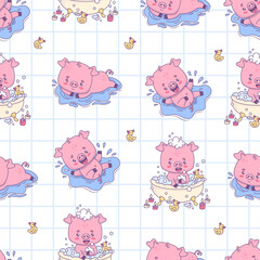 Seamless pattern with happy bathing pigs