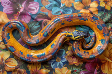 Obraz premium A purebred snake poses for a portrait in a studio with a solid color background during a pet photoshoot.