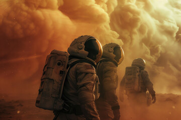 Astronauts braving Martian storms and dust on the Red Planet.

 - obrazy, fototapety, plakaty