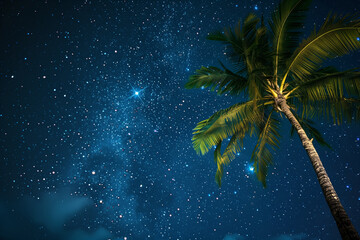 Palm tree from below against  a twinkling starry night sky - obrazy, fototapety, plakaty