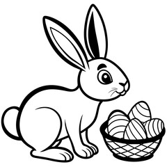 Find your Easter egg, cute rabbit finding Easter eggs in clean line art for coloring pages, black lines, no shadow, no color
 silhouette vector art Illustration