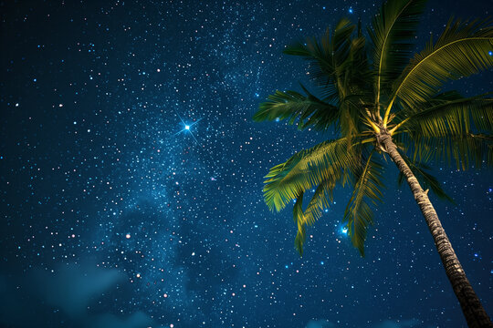 Fototapeta Palm tree from below against  a twinkling starry night sky