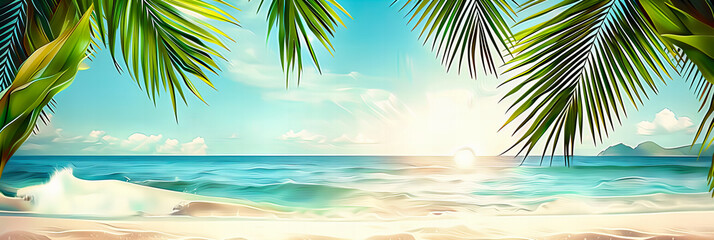 Fototapeta na wymiar Tropical Beach Day, Palm Shadows, Blue Ocean, Summer Vacation, Abstract Design
