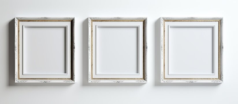 Three rectangular picture frames made of metal and wood are fixed to a white wall. The art displayed in the frames creates a beautiful composition with a sense of transparency