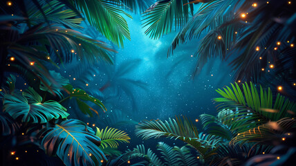 Starry sky peeking through a canopy of lush palm leaves at night - obrazy, fototapety, plakaty