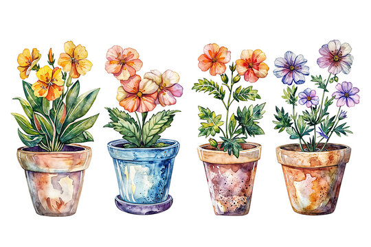 Three pots filled with vibrant flowers in full bloom, creating a charming and lively still life painting