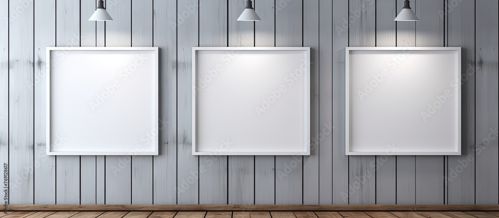 Aufkleber three rectangular white frames are displayed on a hardwood wall, creating a symmetrical arrangement.