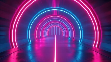 Neon Glowing Psychedelic Vibrant Cosmic Ultraviolet Fluorescent Luxury Luminous Sci Futuristic Retro Circle Light Track Purple Blue Grunge Concrete Tunnel.
