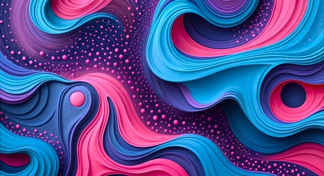 colorful abstract texture of smooth curves of blue, pink and purple colors, 3D, the background is dotted with small pink dots