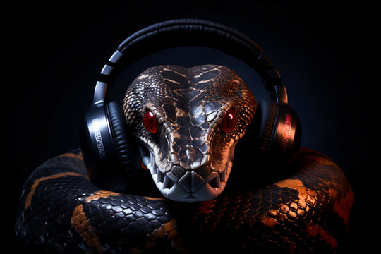 Snake with headphones. Snake listening to music