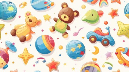 delightful seamless pattern featuring an assortment of baby toys - obrazy, fototapety, plakaty